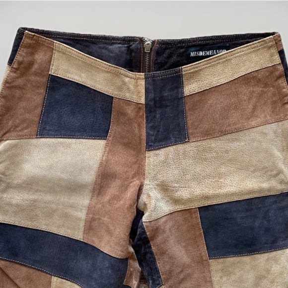 MISDEMEANOR Women's 7/8 Brown Beige Black Leather Patchwork Boho Hippie Pants - Picture 2 of 12